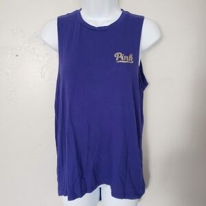 Pink VS Victoria's Secret Cobalt Blue Muscle Tee Tank Top Gold Sequin Bling Logo
